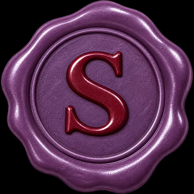 The Steward wax seal: a plum seal stamped with a burgundy S.